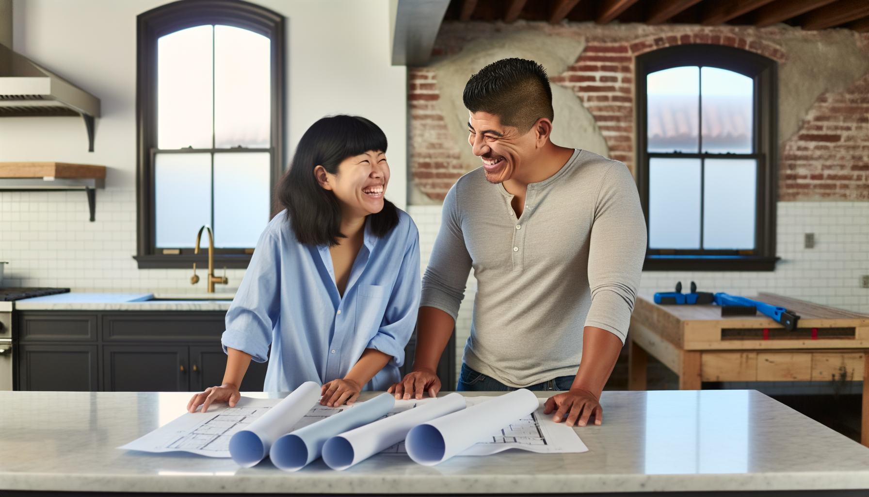 Couple reviewing home renovation plans in their kitchen during a manageable repair project