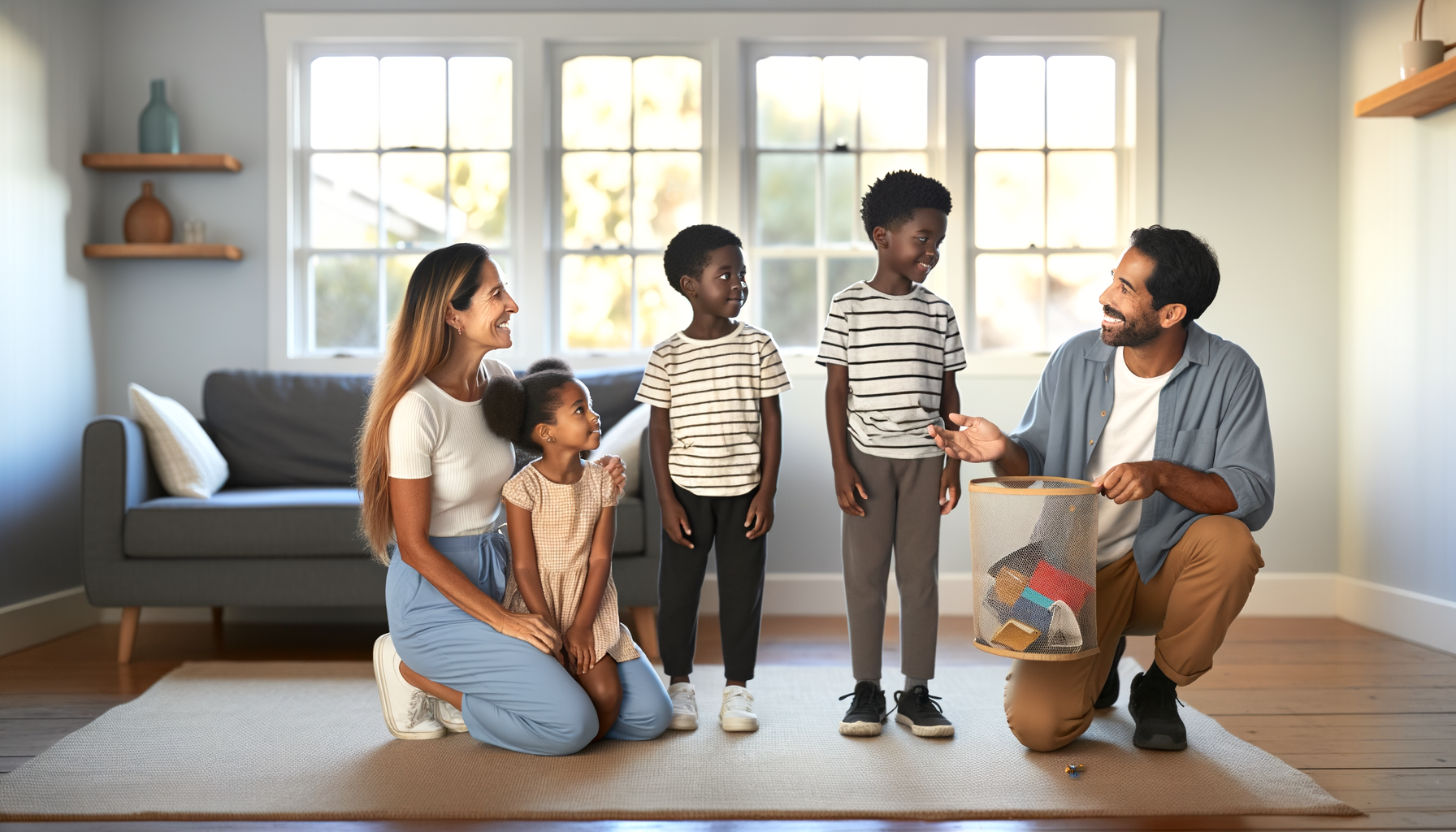 Family watching home service technician explain HVAC maintenance in bright living room