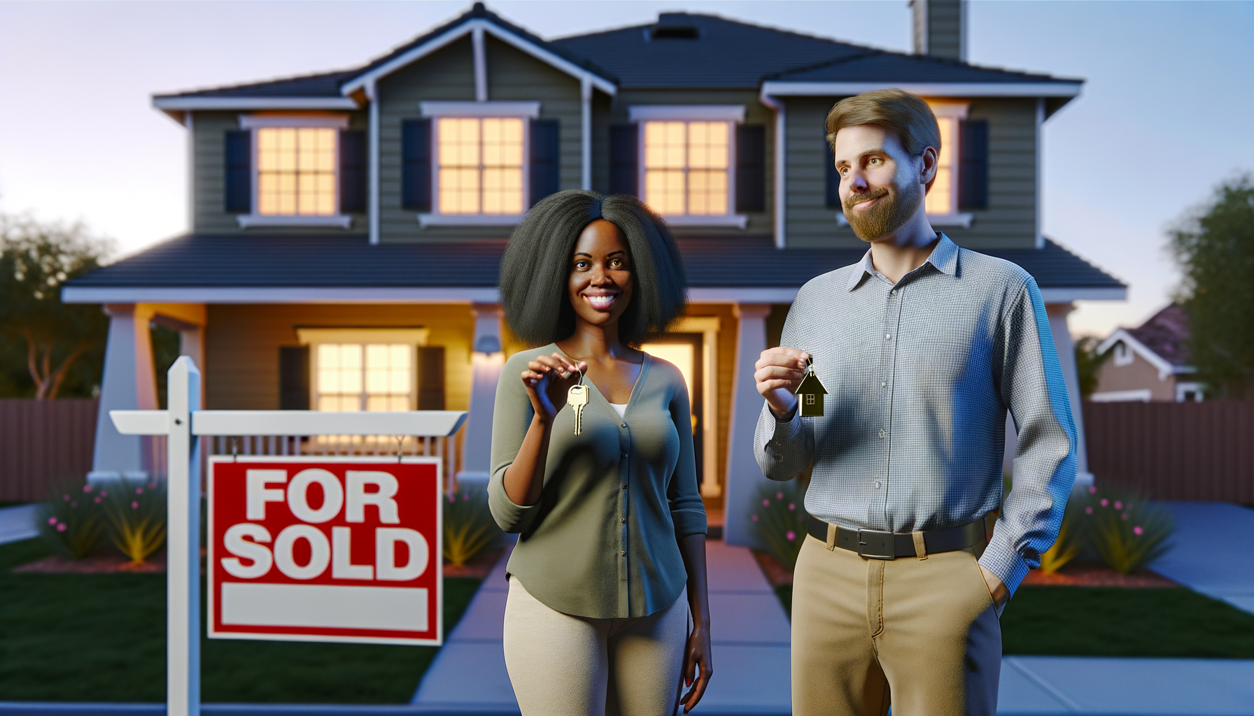 Happy couple holding house keys in front of their new home with sold sign