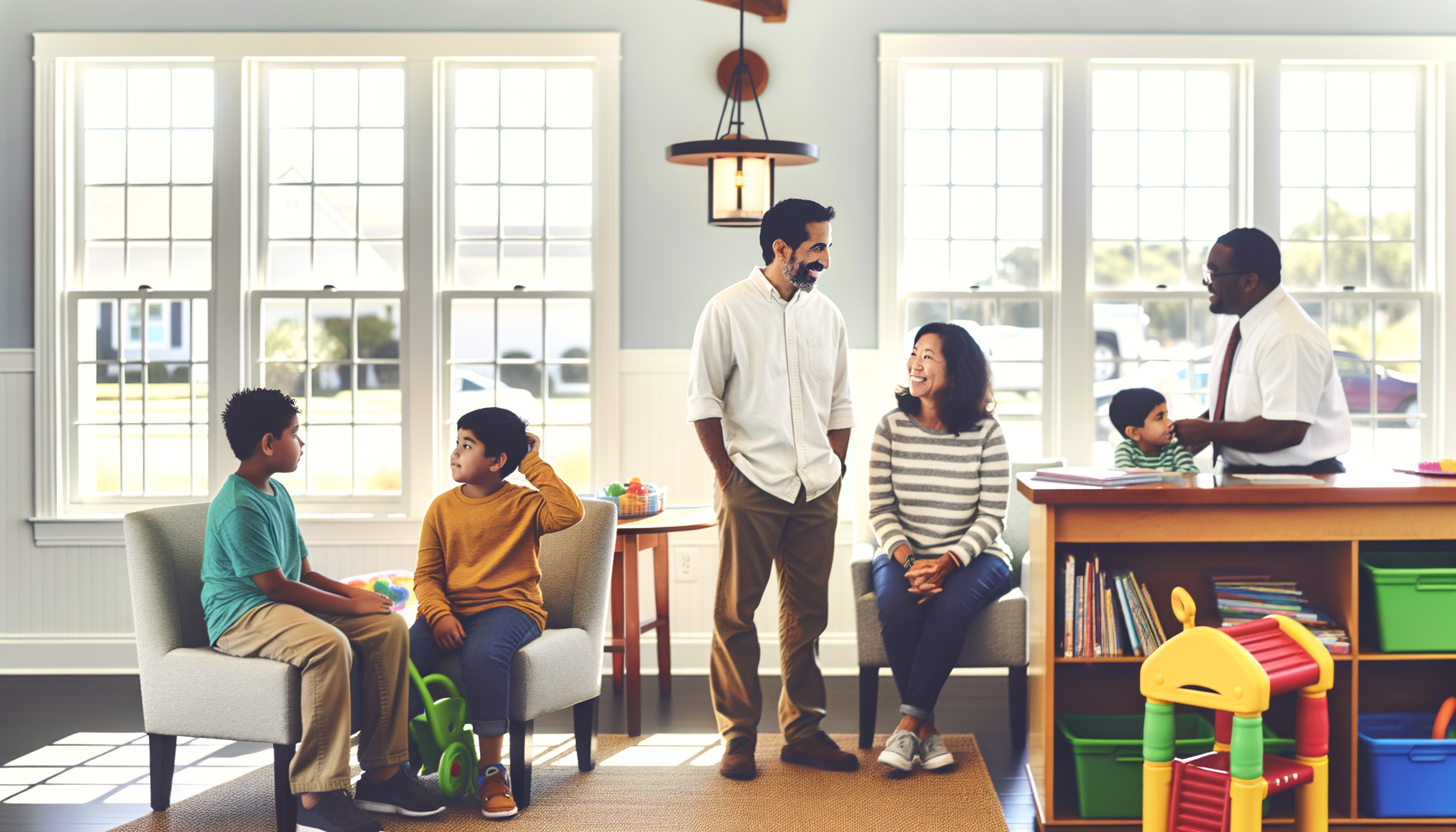 Family with children being warmly welcomed at a family-friendly local business with kid-safe features and comfortable waiting area