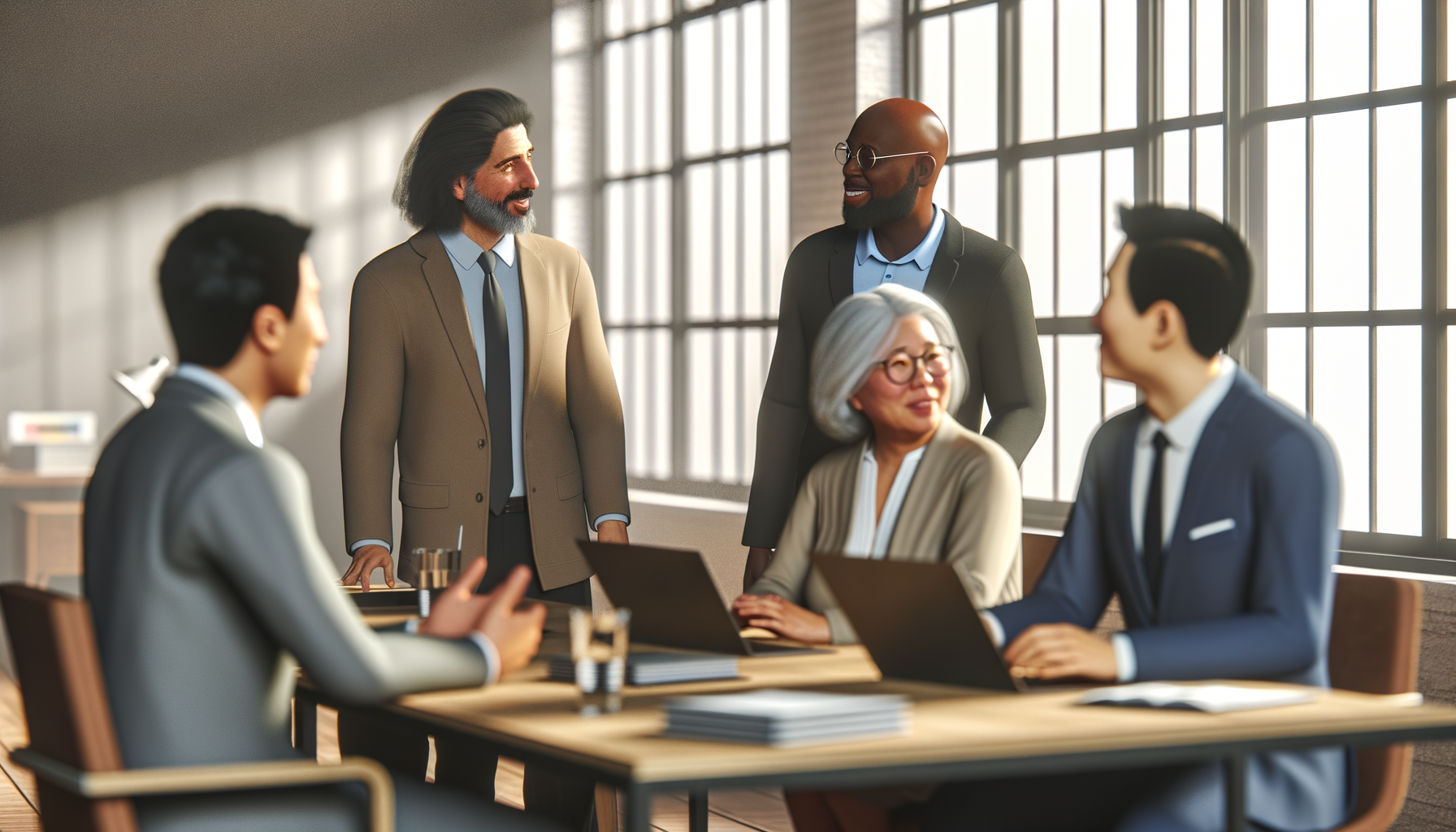 Diverse professionals building authentic relationships in collaborative office environment