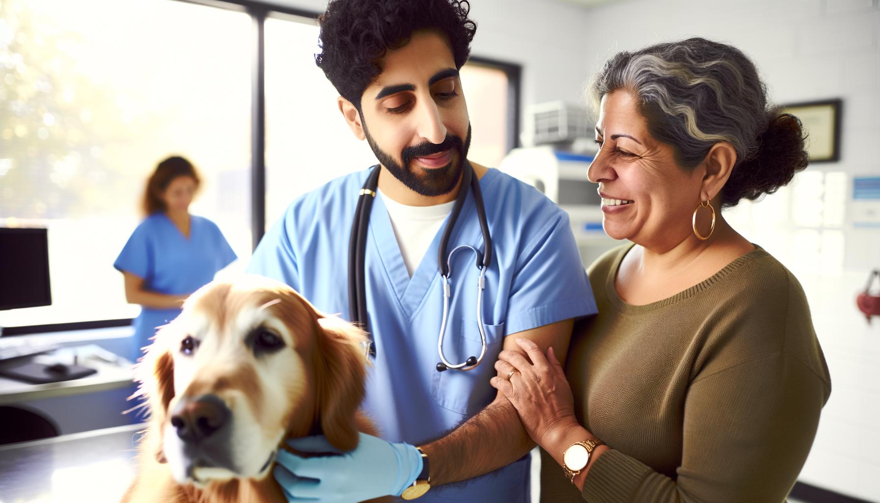 Veterinarian gently examining a calm golden retriever while owner looks on in a bright, modern vet clinic