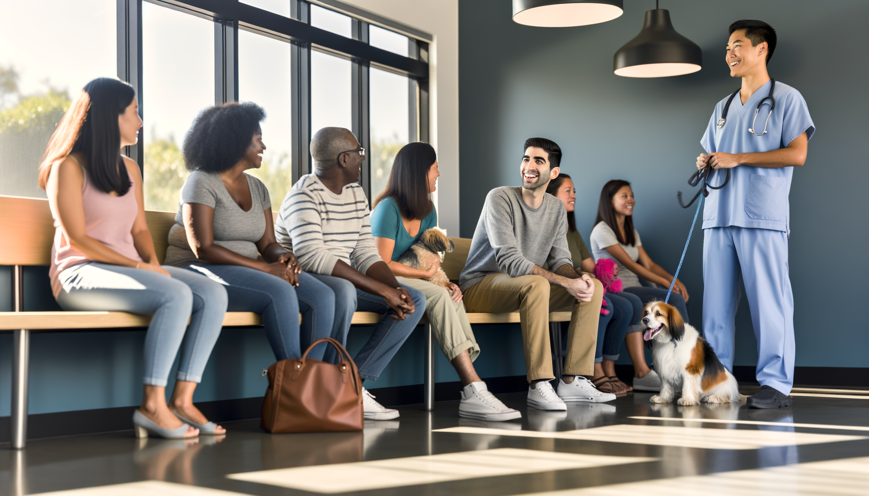 Pet owners discussing their experiences with veterinary care in a welcoming clinic environment
