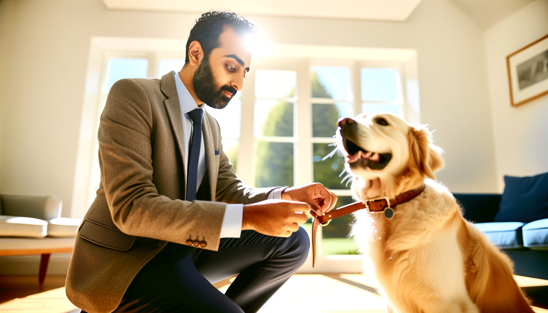 Professional pet sitter examining a golden retriever's collar in a bright, clean home environment