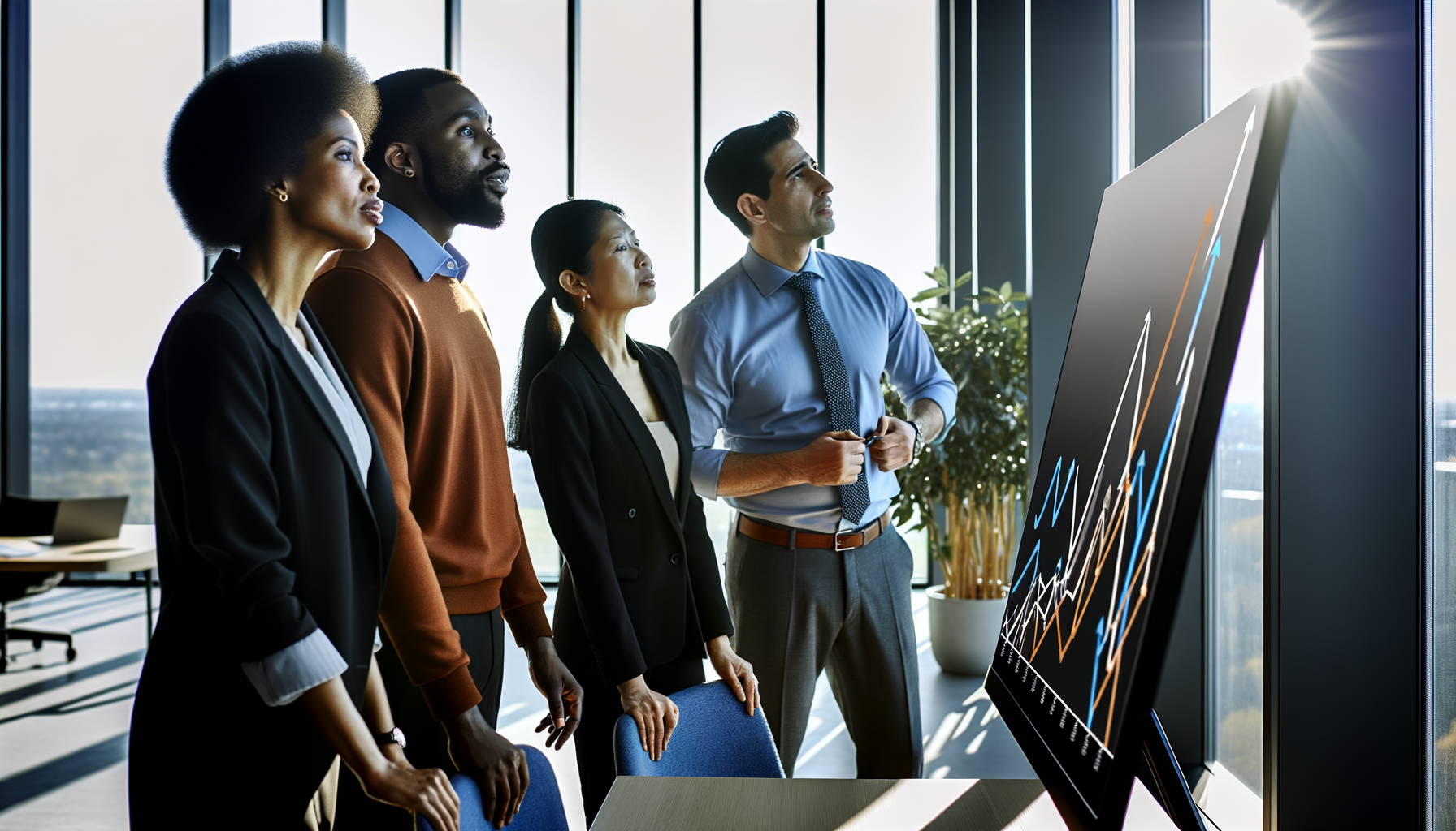 Business professionals analyzing upward growth trends on monitors in bright office