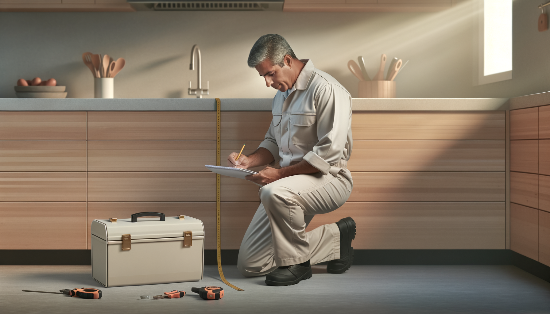 Professional contractor carefully measuring and documenting work in a modern kitchen, demonstrating reliability and attention to detail