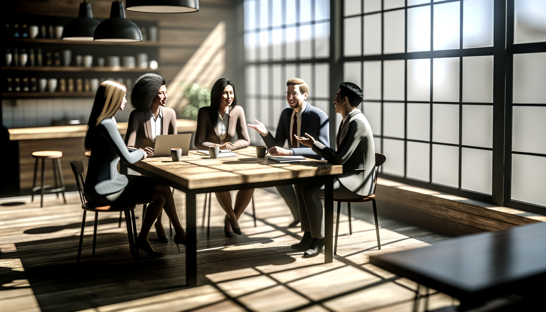 Business professionals having authentic conversation in coffee shop, representing trust-based networking