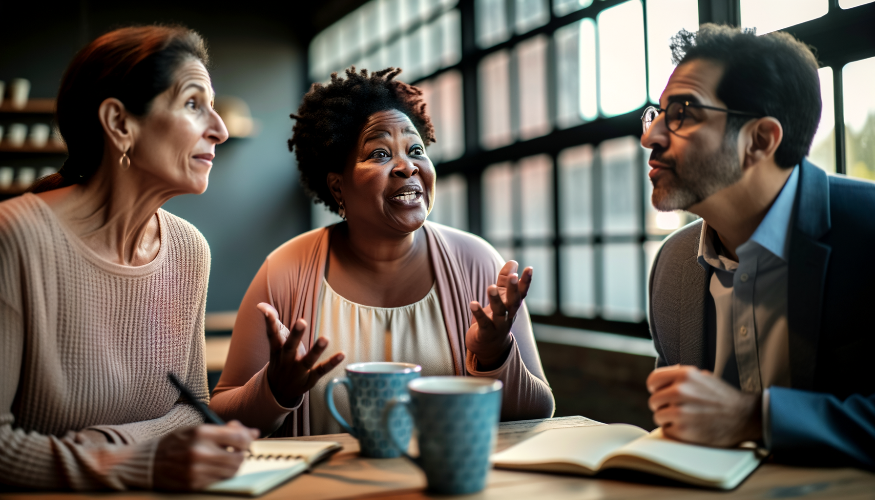 Three diverse people having an engaged conversation at a coffee shop, demonstrating trust and authentic communication