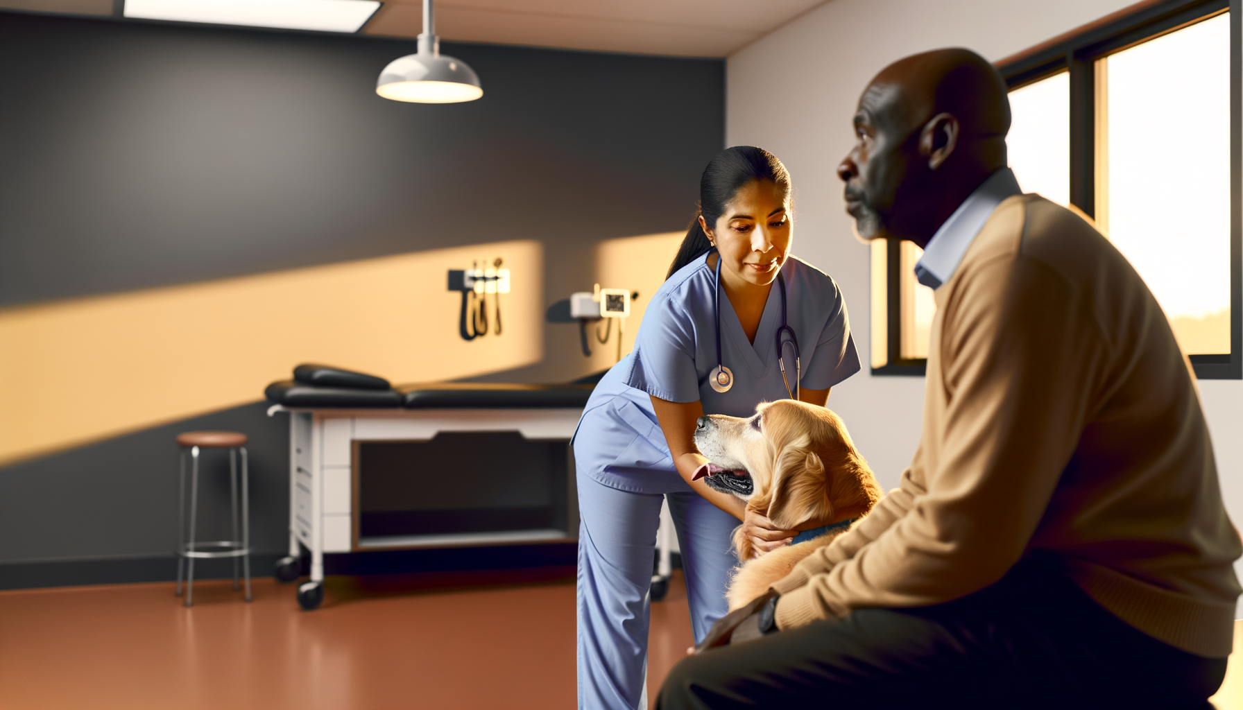 Veterinarian gently examining a golden retriever while owner watches in bright, welcoming clinic room