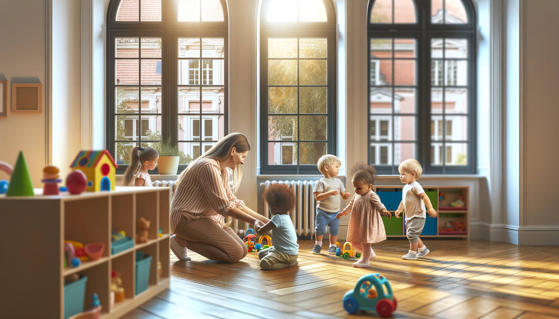 Childcare provider engaging warmly with diverse group of children in bright, welcoming daycare setting