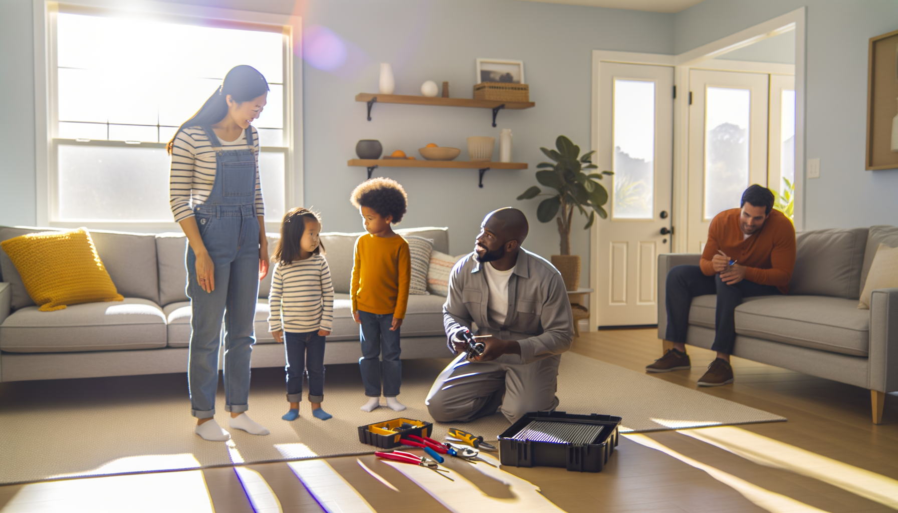 Professional contractor explaining home repair work to parents while children play safely in living room