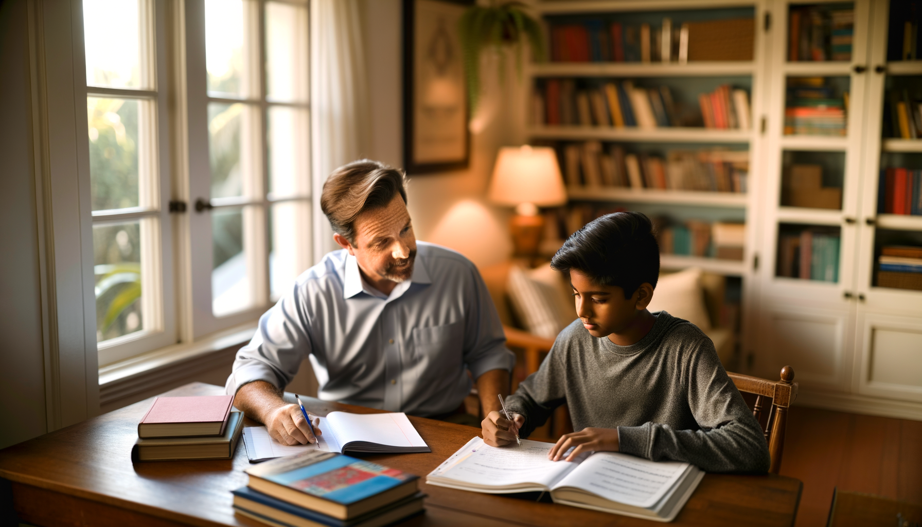 Student and tutor working together at home study desk in natural lighting
