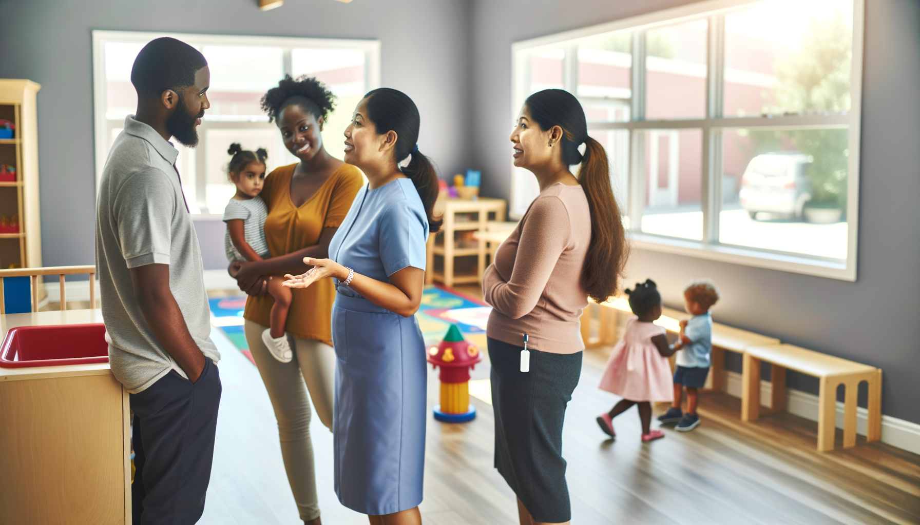 Parents meeting with a childcare provider in a bright classroom setting with children playing in the background