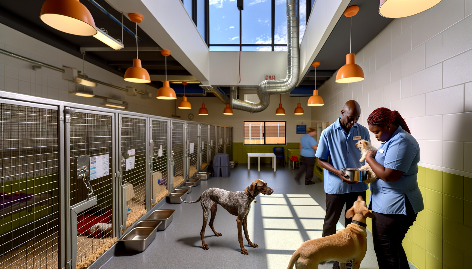 Modern pet boarding facility with staff caring for dogs in clean, well-lit environment