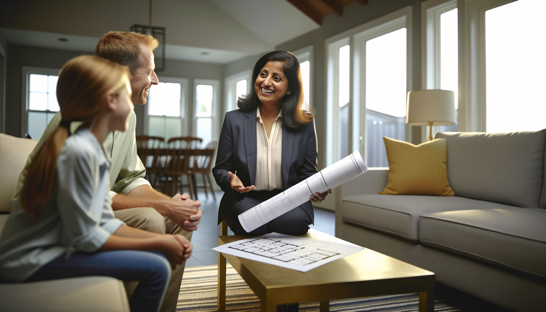 Professional service provider consulting with clients in a comfortable home setting