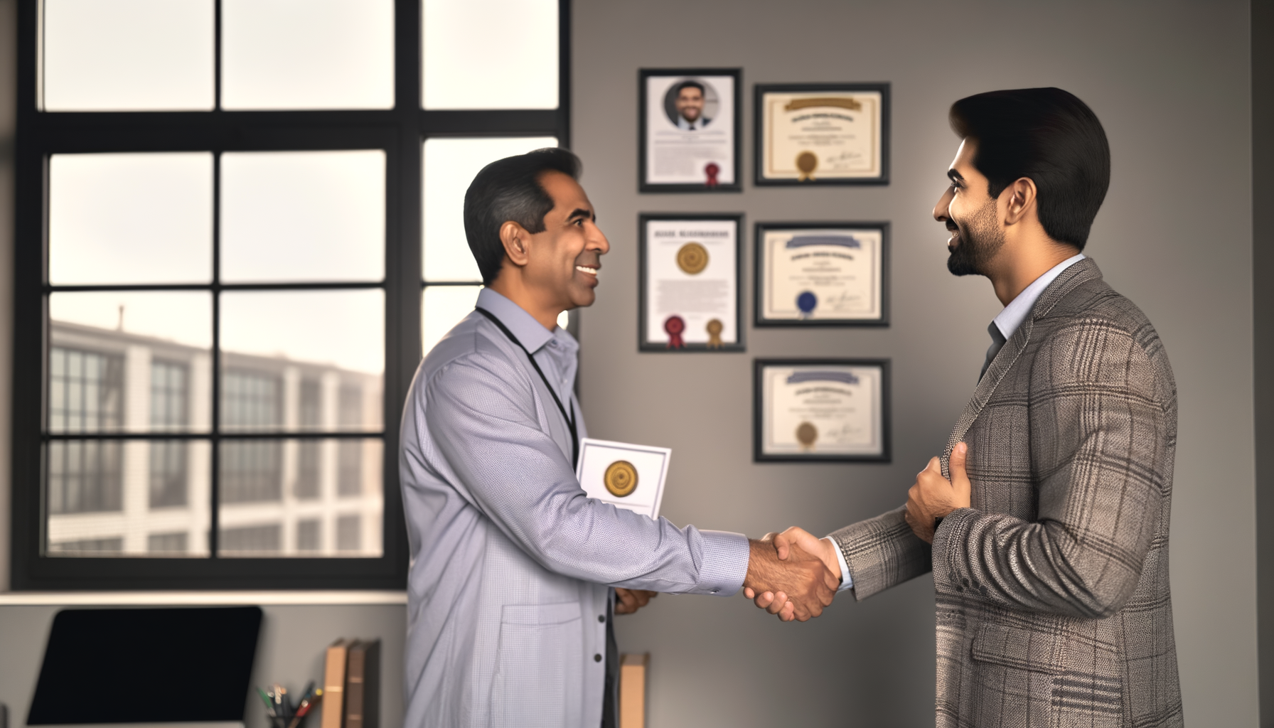 Business owner shaking hands with client in professional office setting