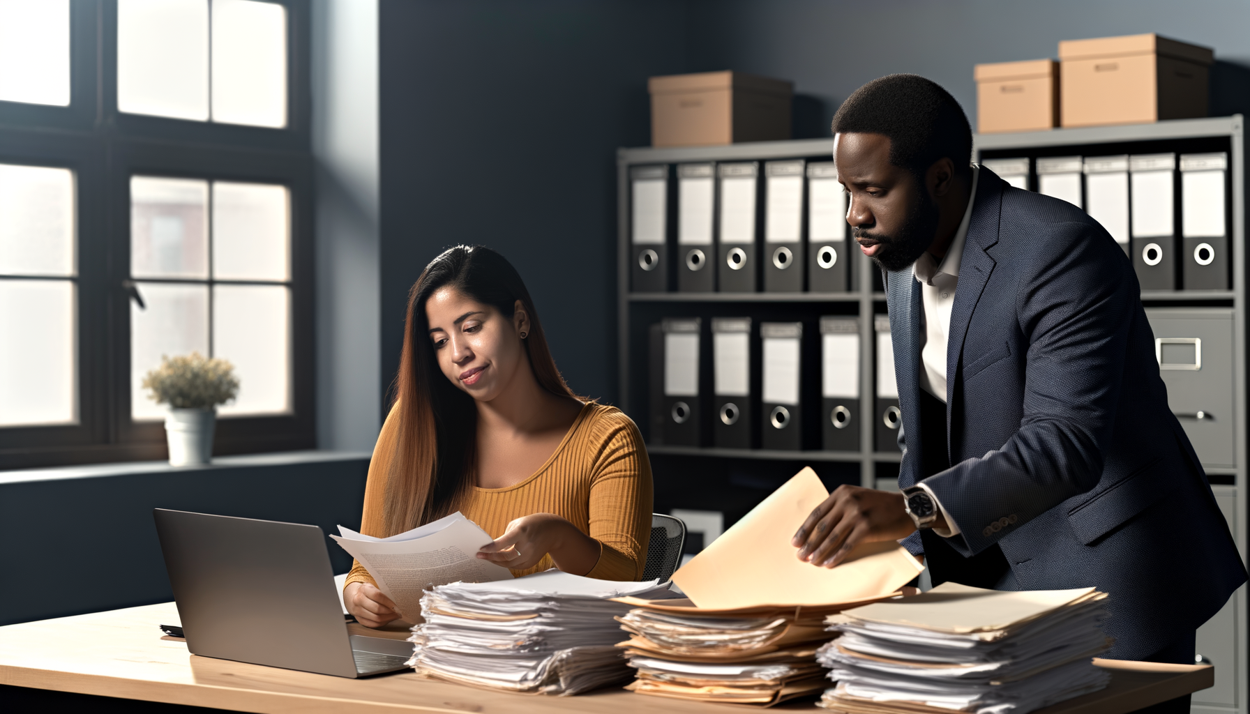 Couple organizing and filing important home closing documents at their desk