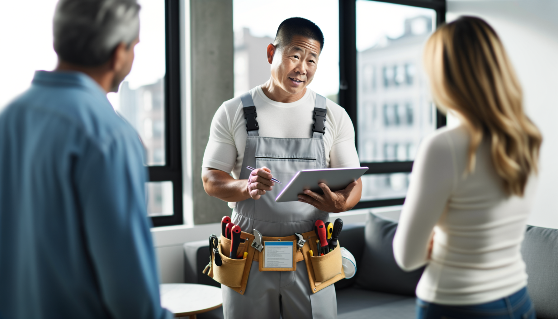 Professional service provider showing credentials to homeowners during consultation