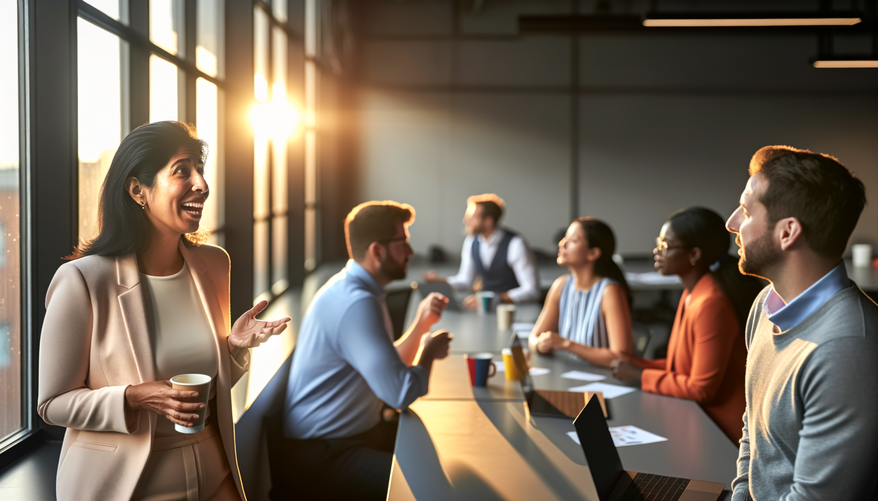 Professional business owners networking and building relationships at a modern co-working space