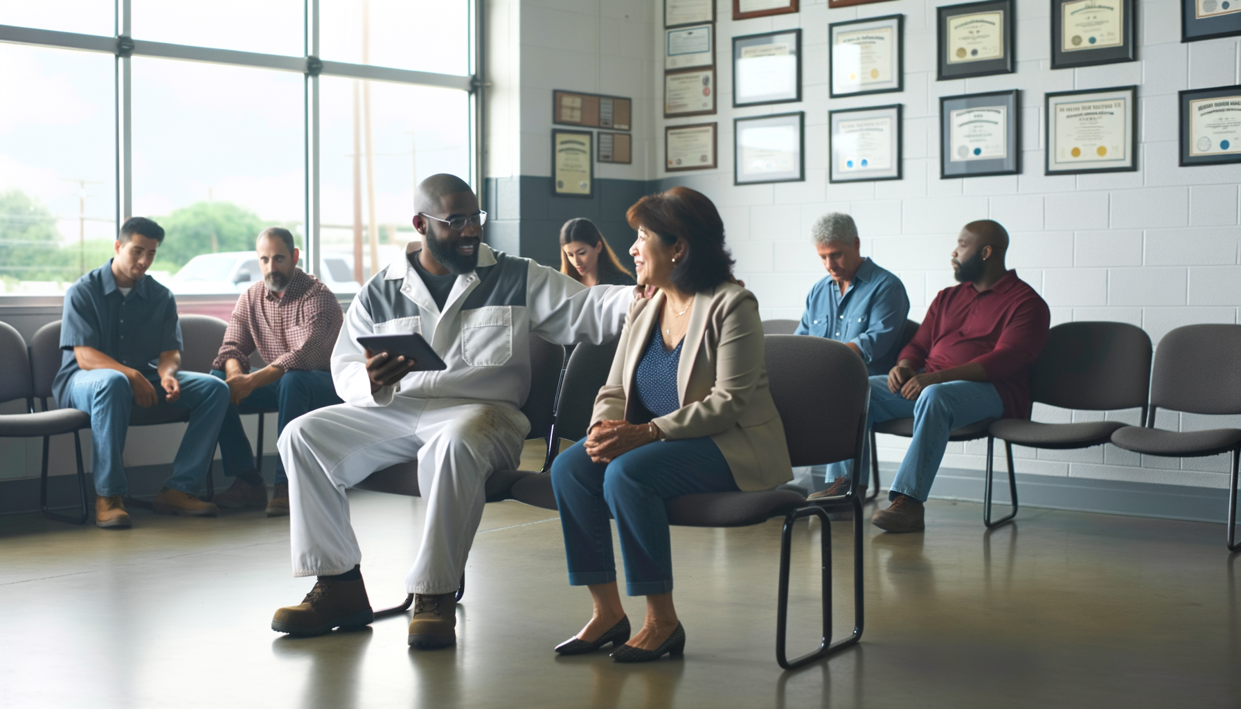 Mechanic explaining services to customer in professional auto repair shop waiting area