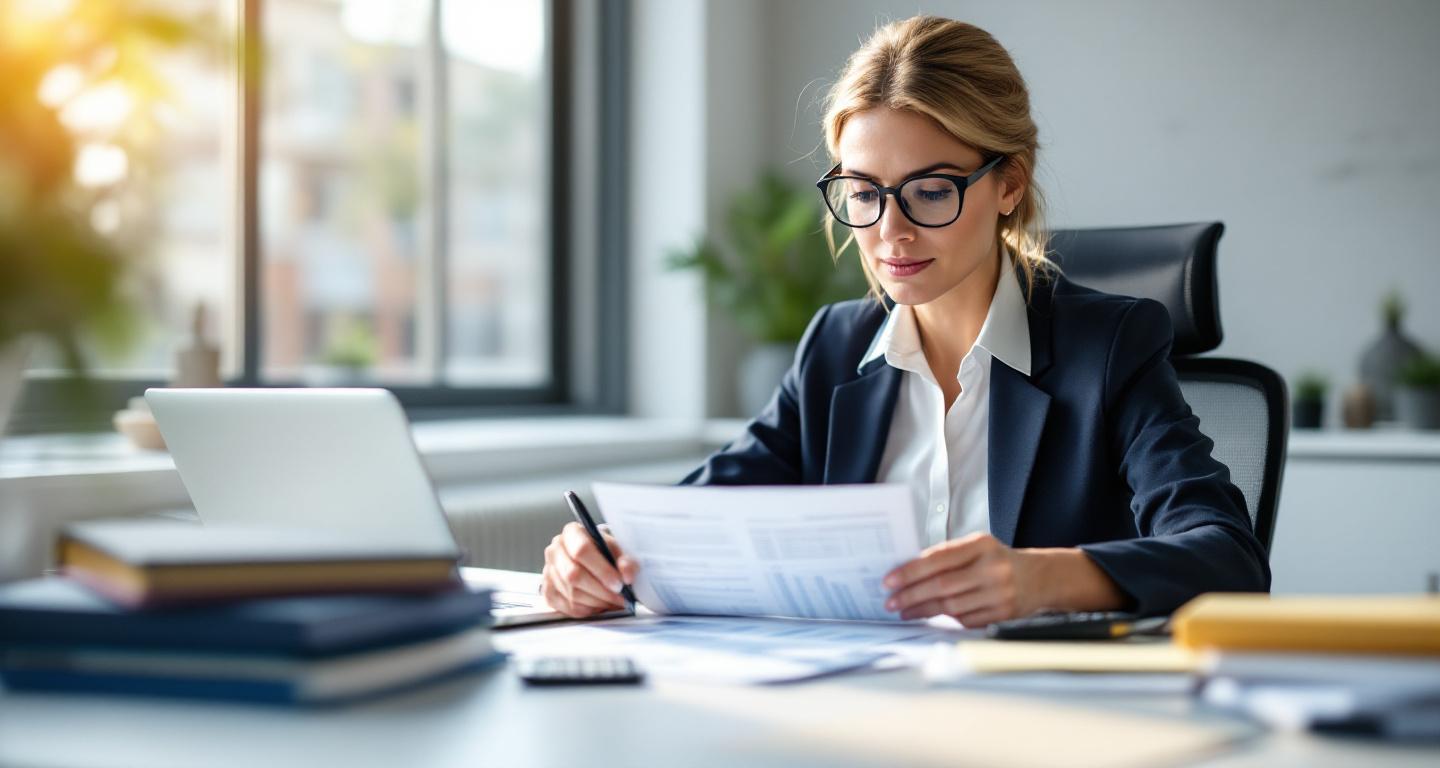 Woman reviewing tax documents and financial papers at desk with calculator and laptop