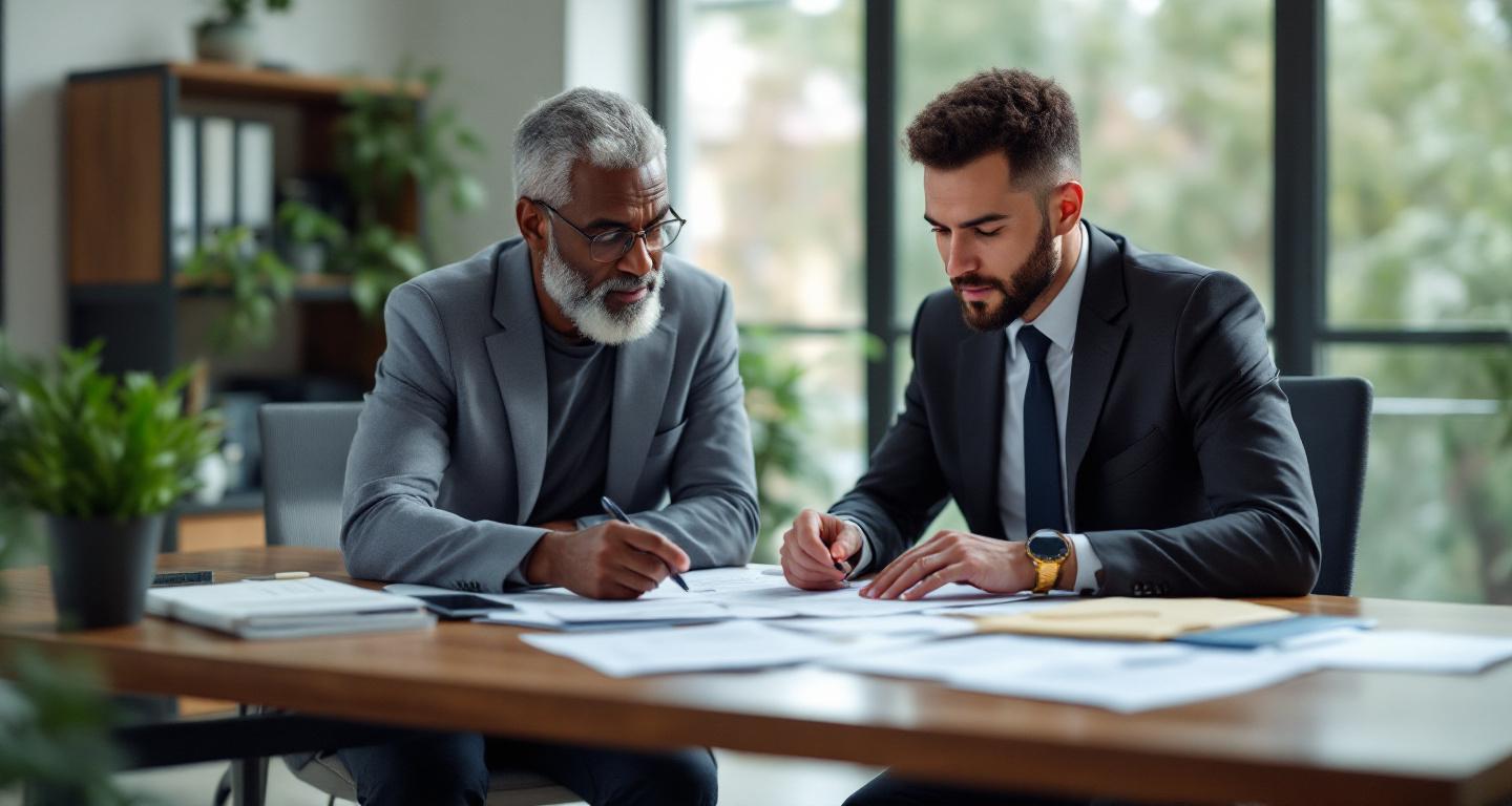 Client and attorney reviewing completed legal documents in professional office setting