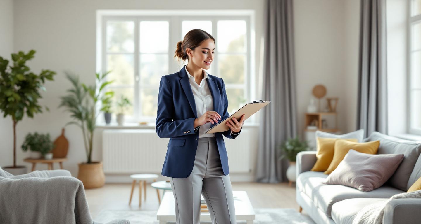 Woman inspecting living room after professional cleaning service with checklist