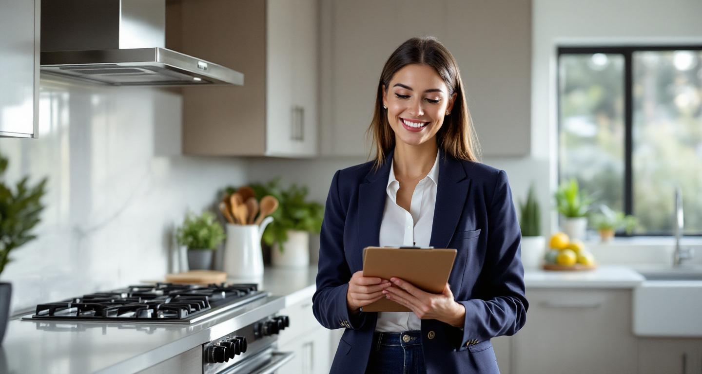 Woman inspecting freshly cleaned kitchen with checklist, examining quality of professional cleaning service
