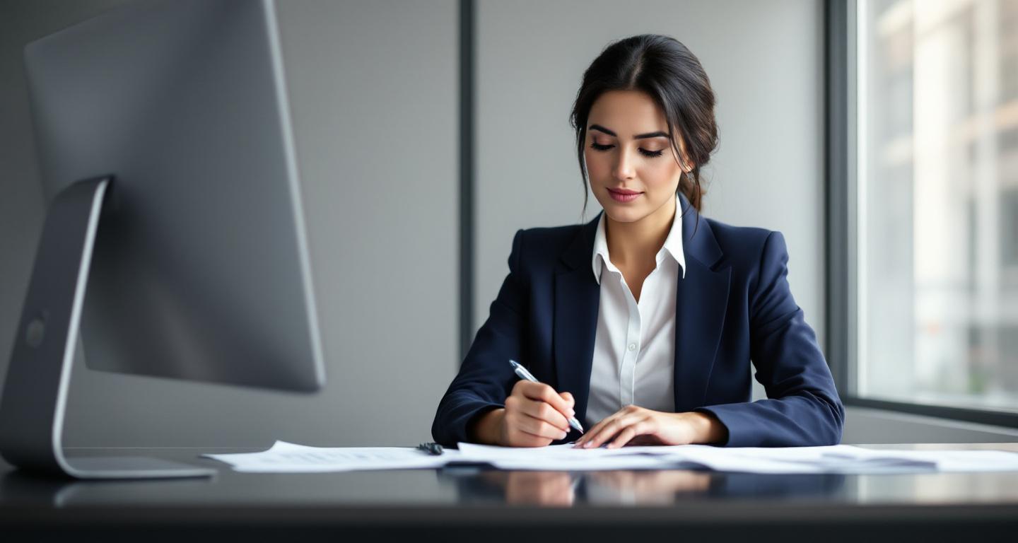 Professional woman reviewing financial advisor documents and reports at desk