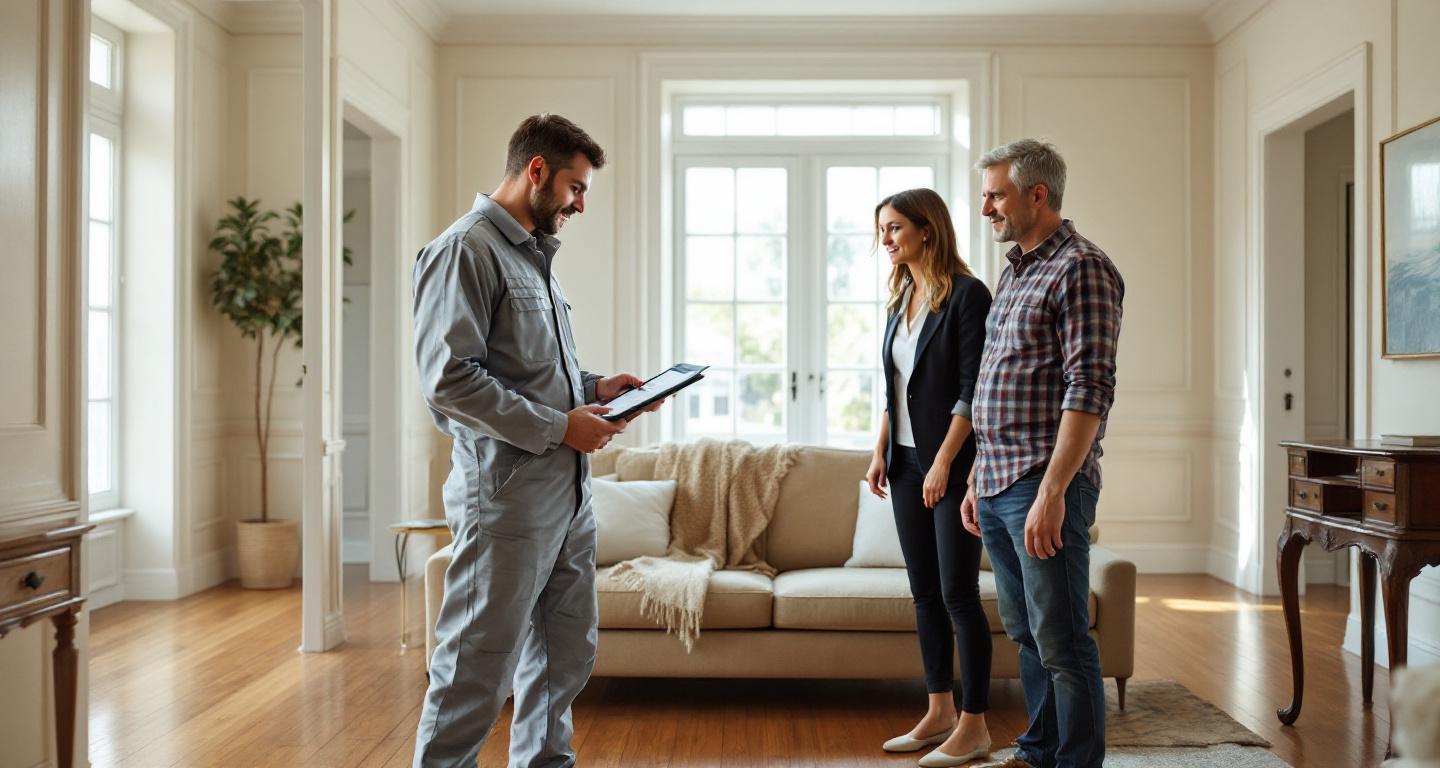 Restoration specialist conducting final inspection with homeowners after fire damage restoration completion
