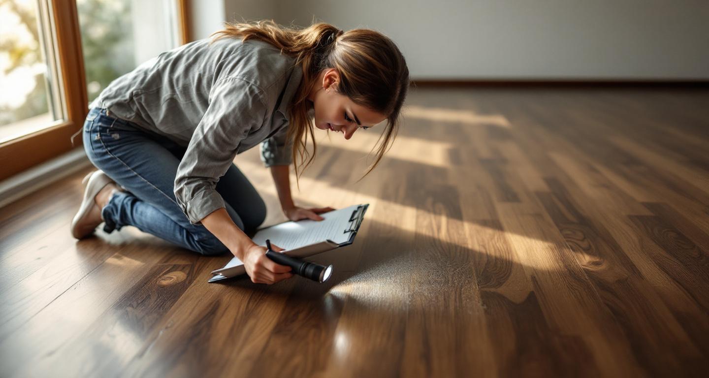 Homeowner inspecting newly installed hardwood flooring with checklist and flashlight