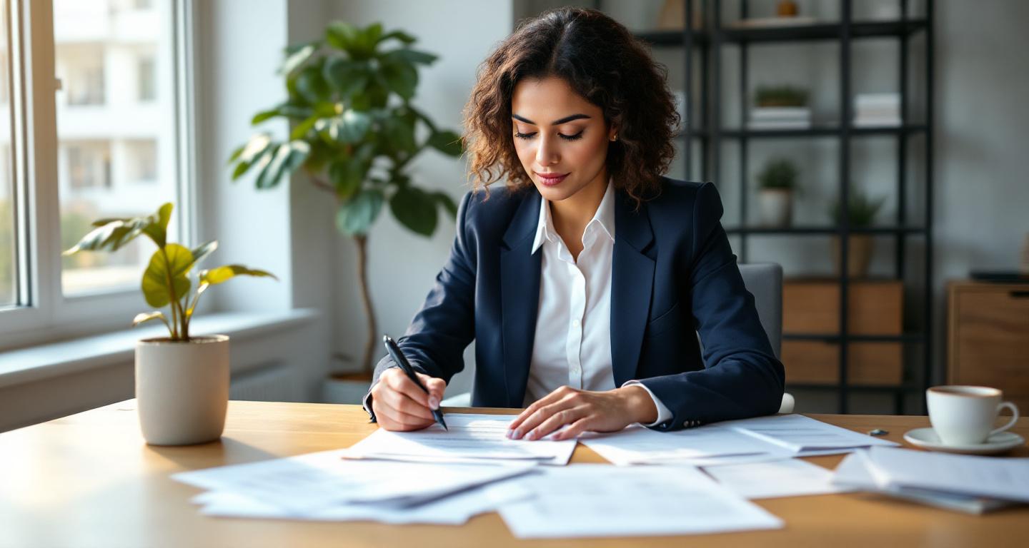 Professional woman reviewing insurance policy documents at desk