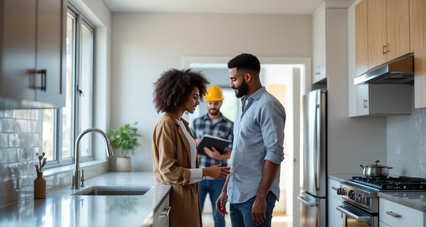 Homeowners conducting final inspection of completed kitchen remodel with contractor