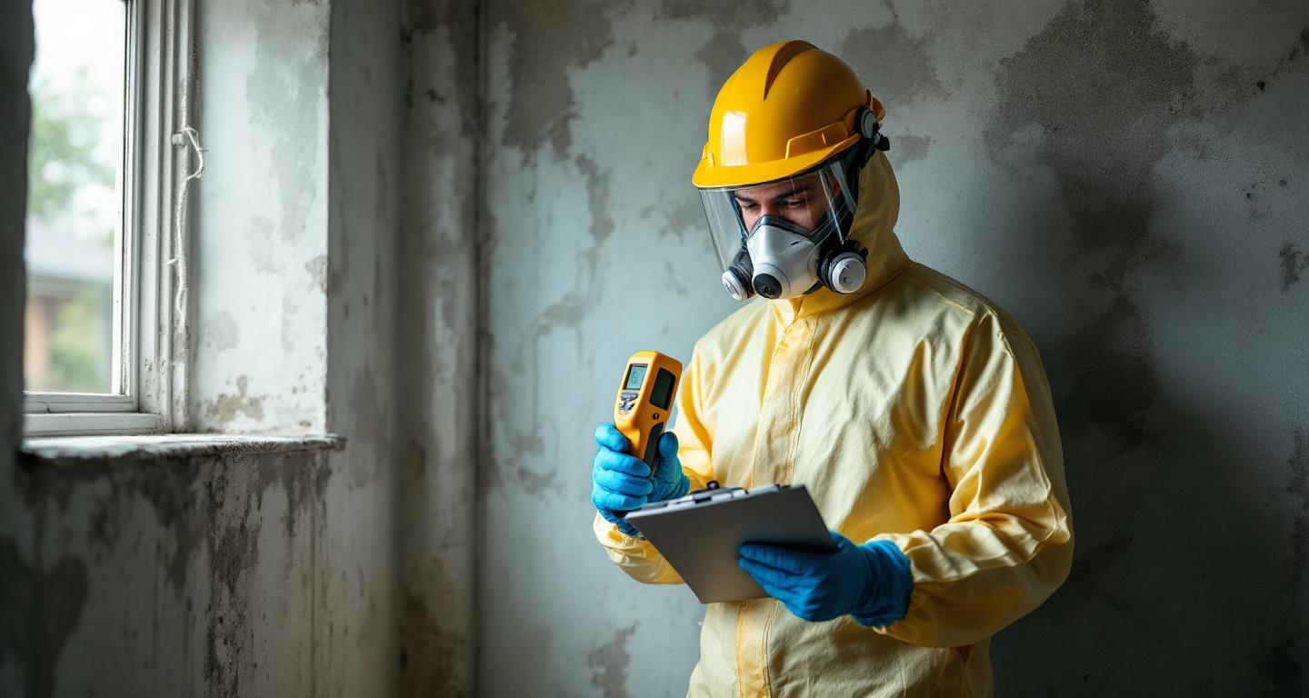 Professional inspector checking moisture levels on wall after mold remediation work