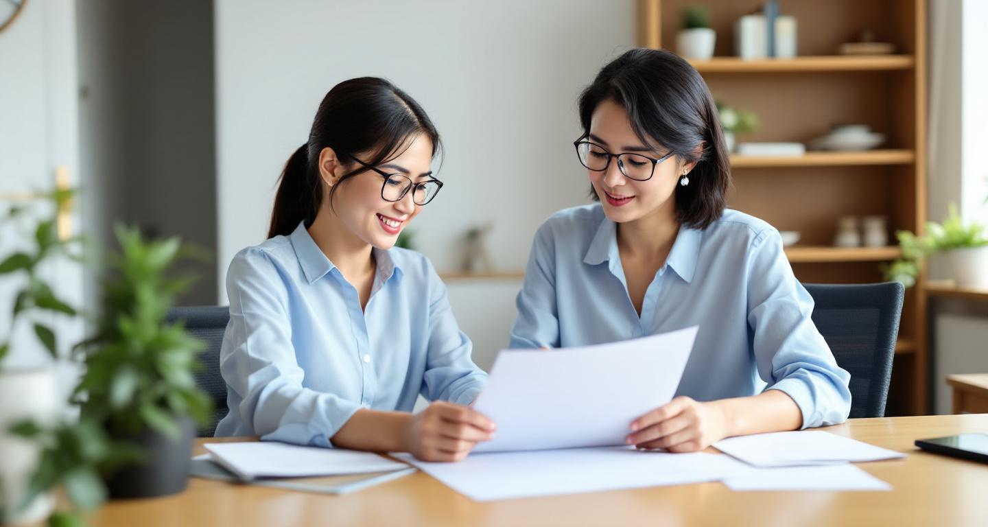 Woman carefully reviewing mortgage documents at home office desk