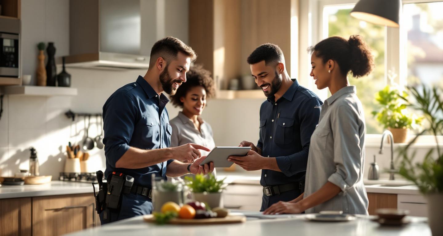 Pest control professional explaining treatment results to homeowners during post-service inspection