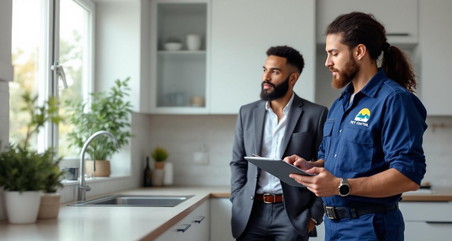 Pest control professional discussing treatment results with homeowners during post-service inspection