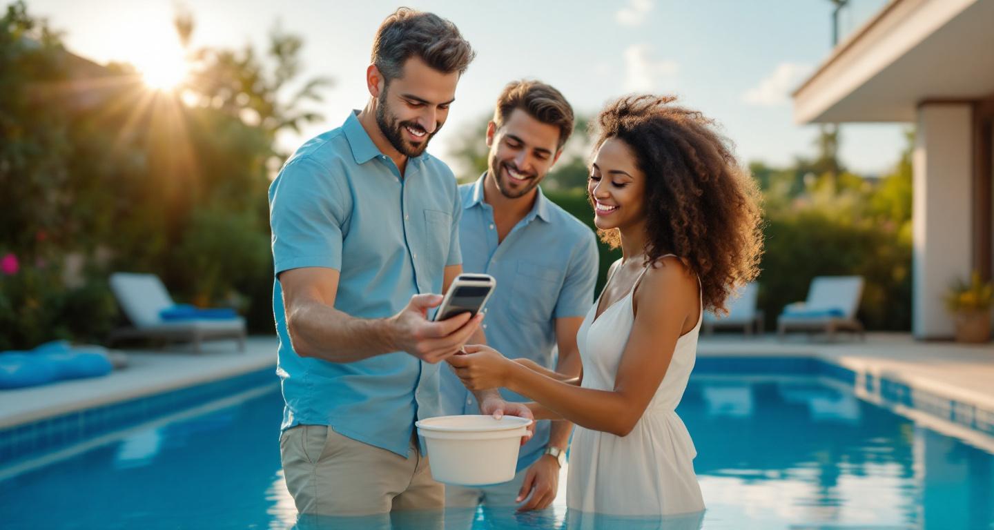 Homeowners inspecting their swimming pool after service work, checking water quality and equipment