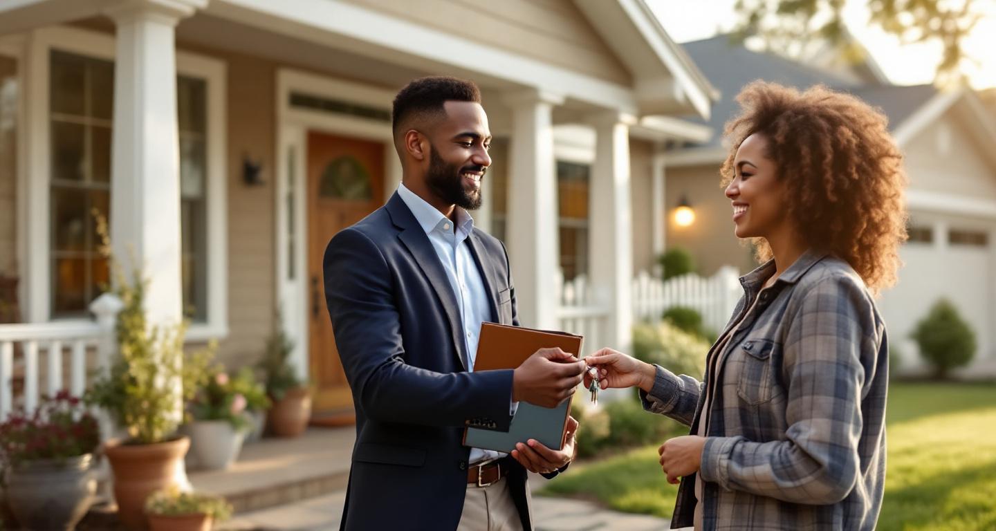 Real estate agent delivering keys to new homeowners after successful property transaction