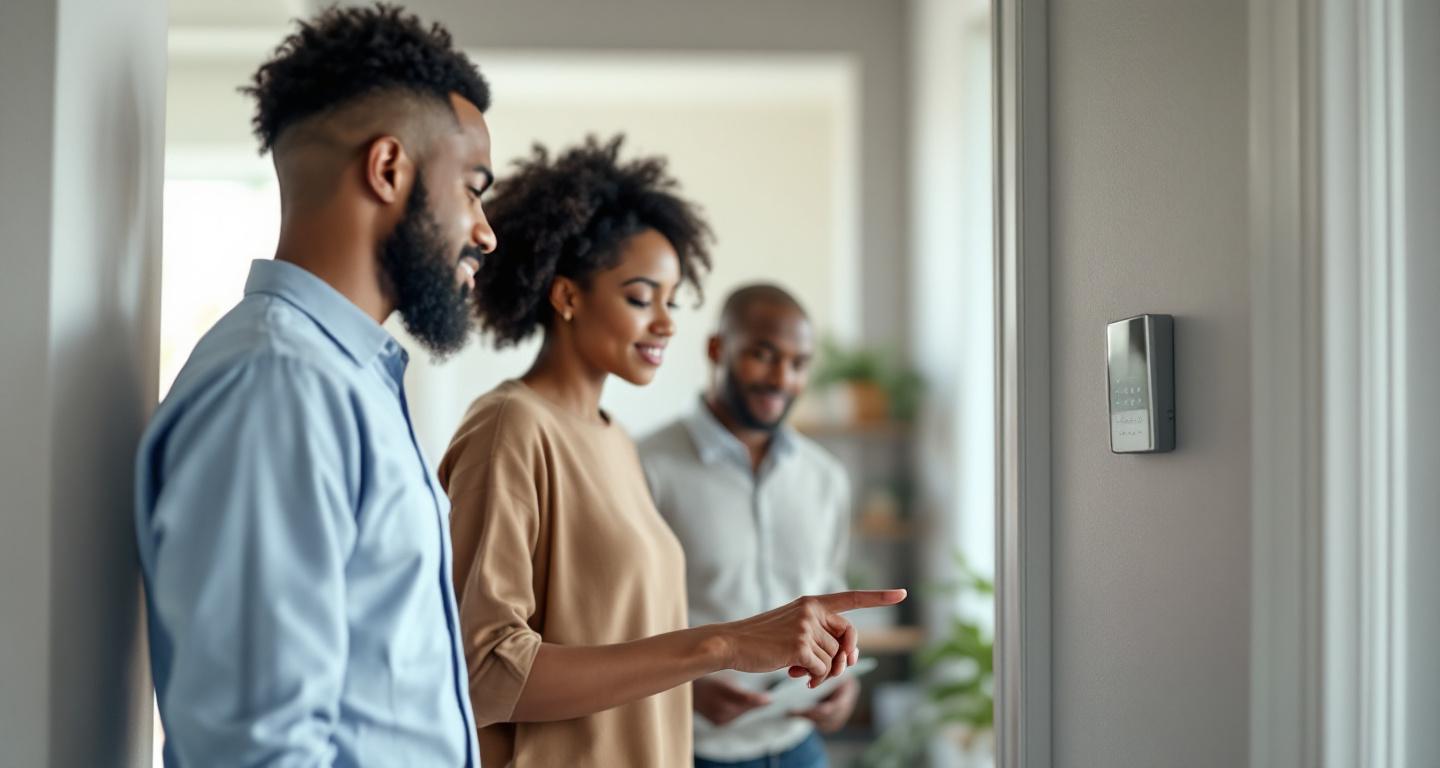Security technician demonstrating system controls to homeowners after installation