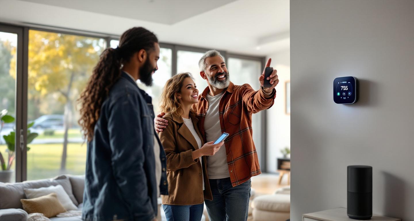 Homeowners checking smart home devices after professional installation