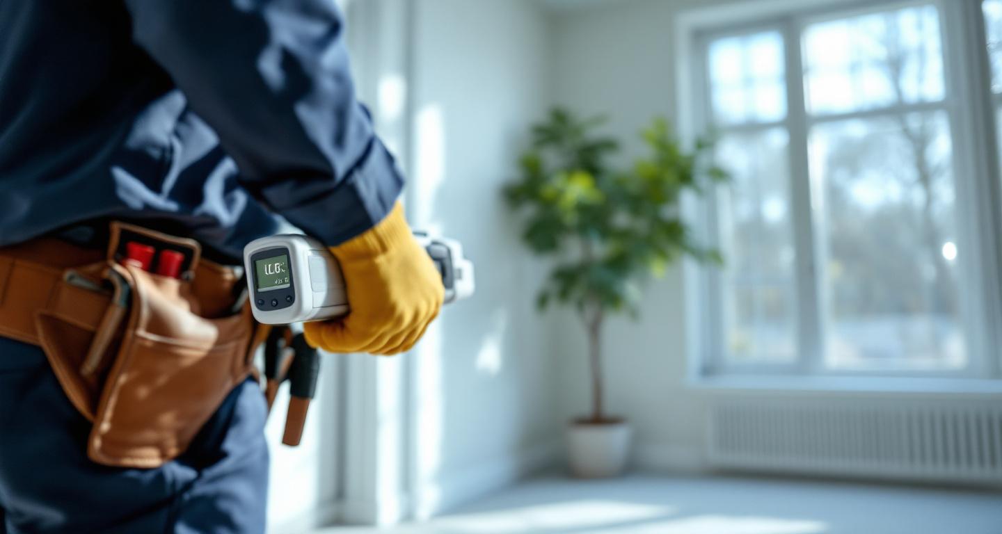 Professional restoration technician using moisture meter to test drywall after water damage restoration