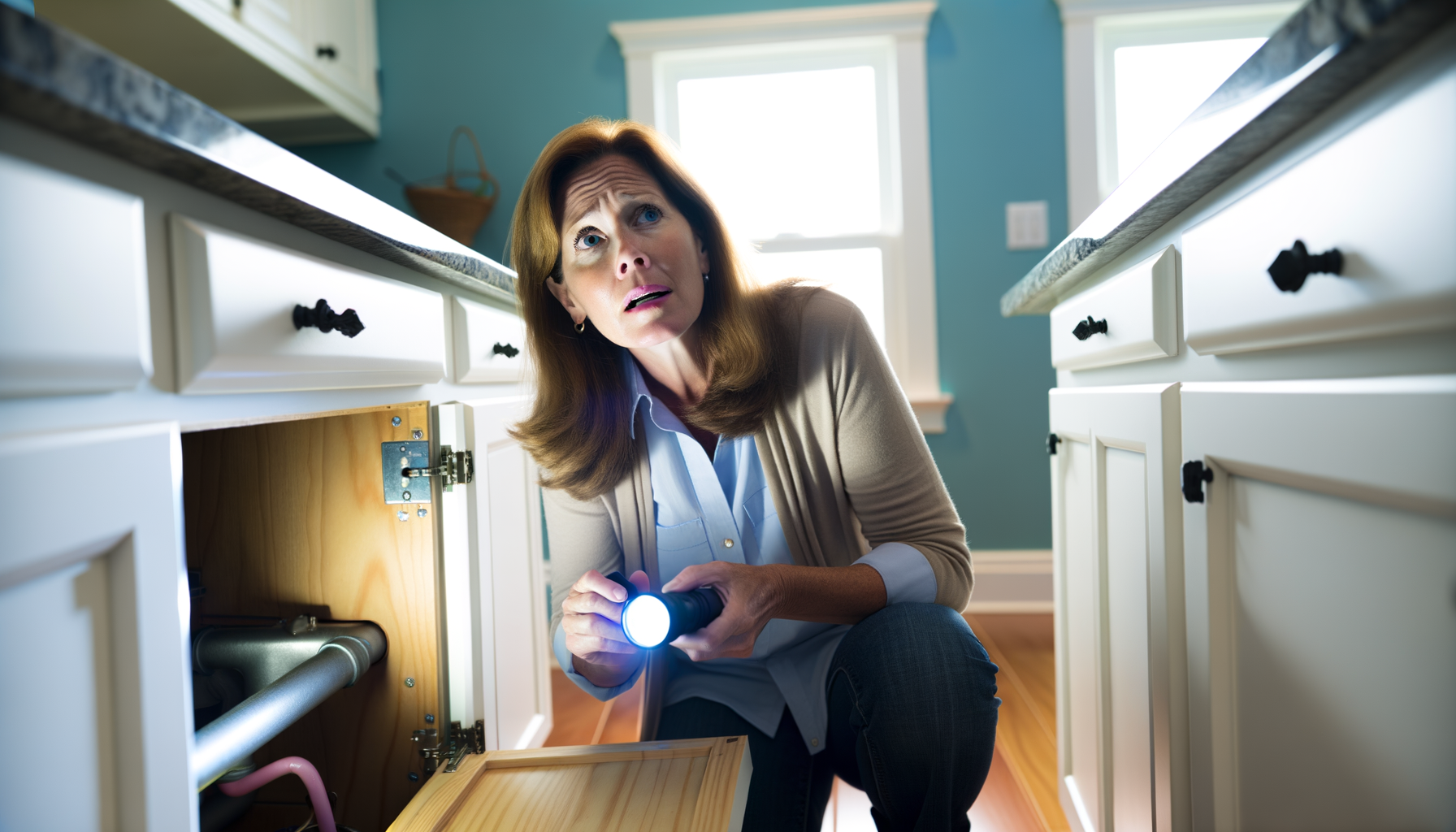 Homeowner checking plumbing under kitchen sink before calling for emergency service