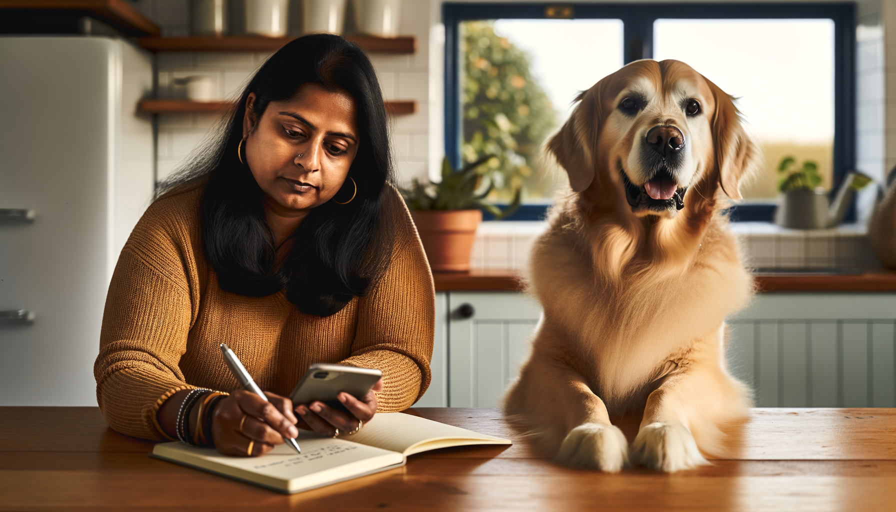 Pet owner documenting grooming services while sitting with freshly groomed golden retriever