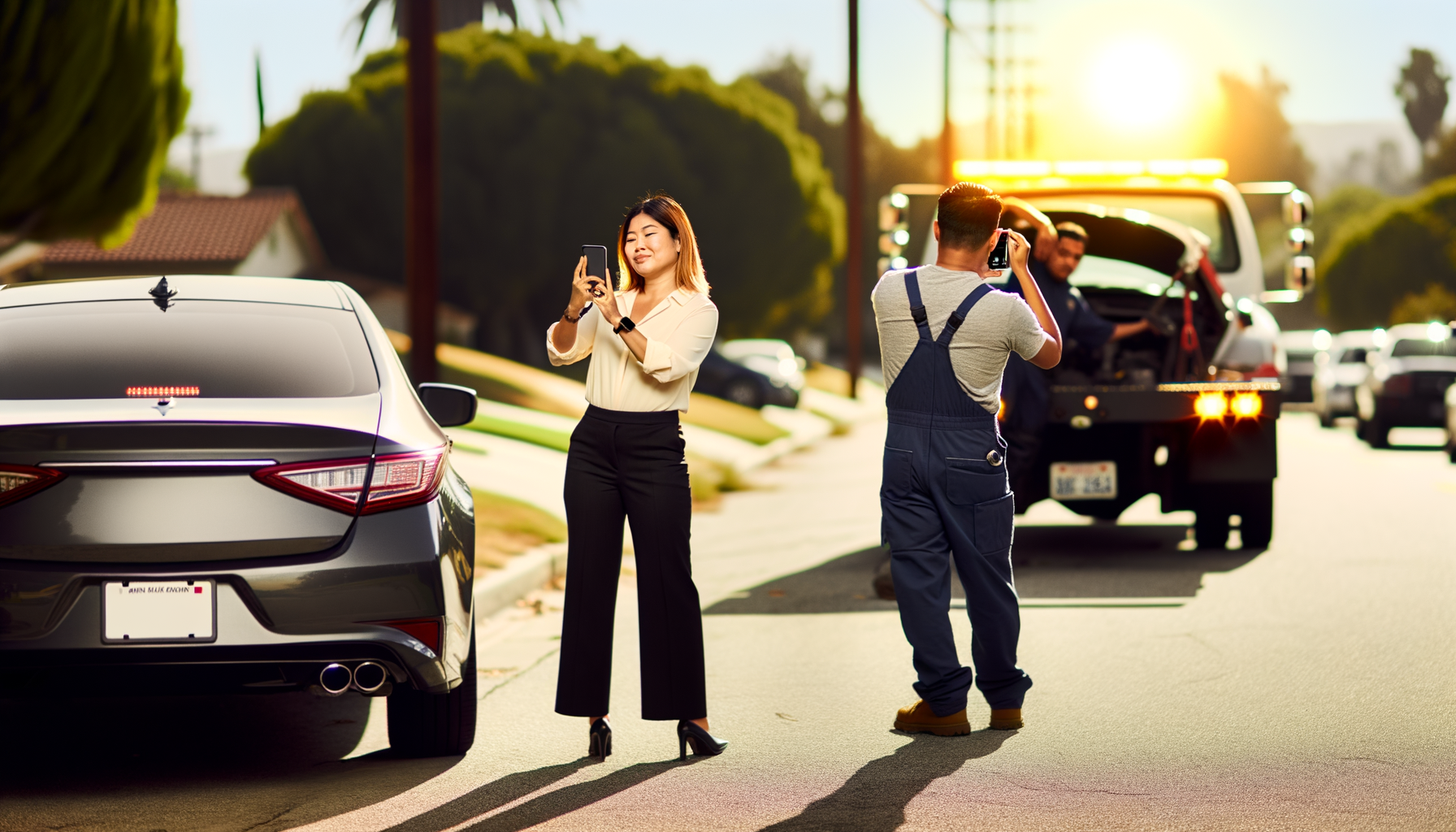 Woman documenting her vehicle with smartphone while tow truck driver provides roadside assistance