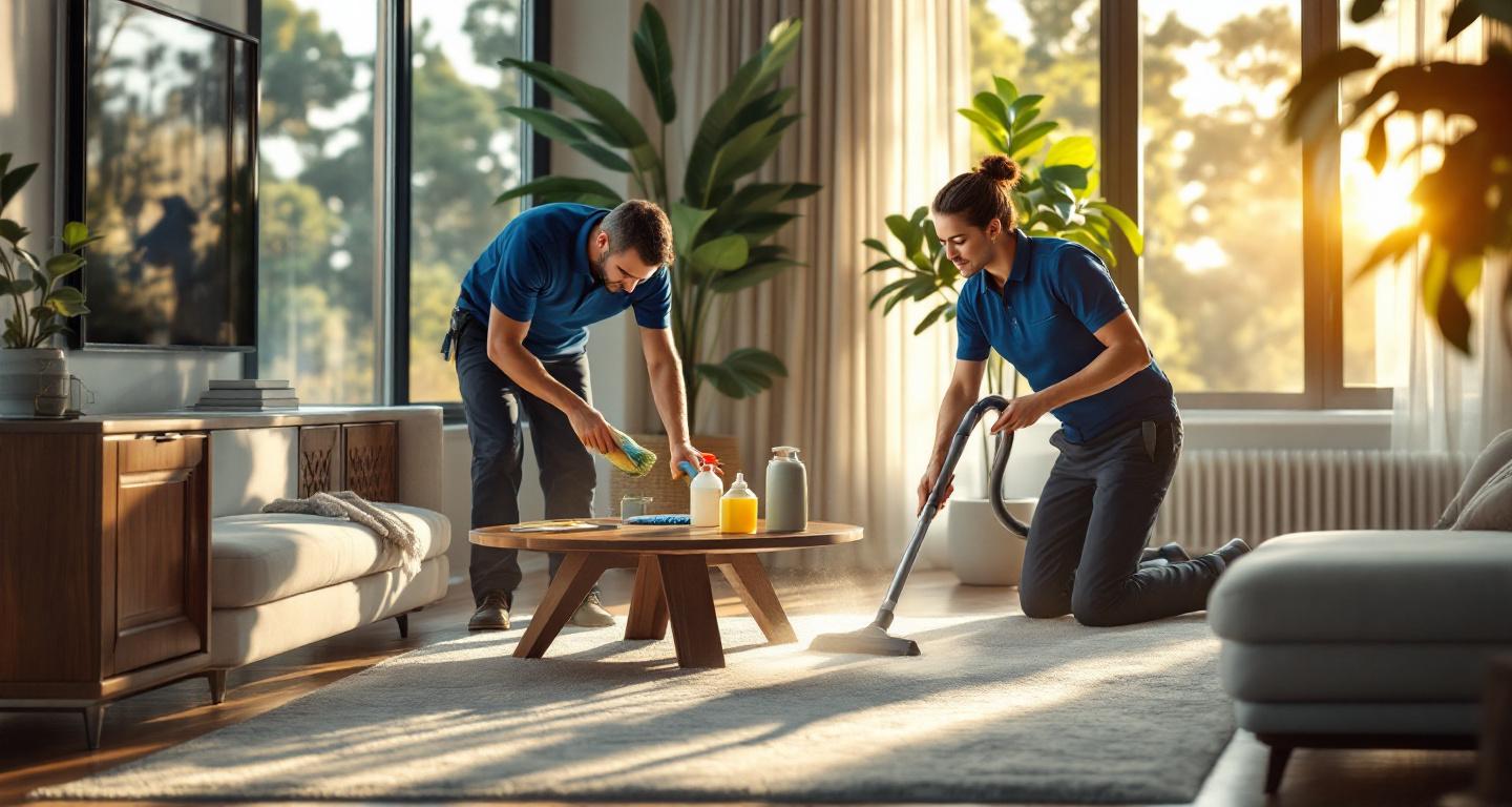Professional cleaners working in a bright modern living room with cleaning equipment