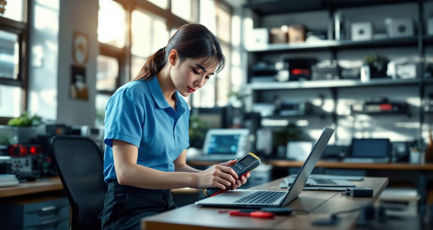Professional computer technician diagnosing laptop in repair shop