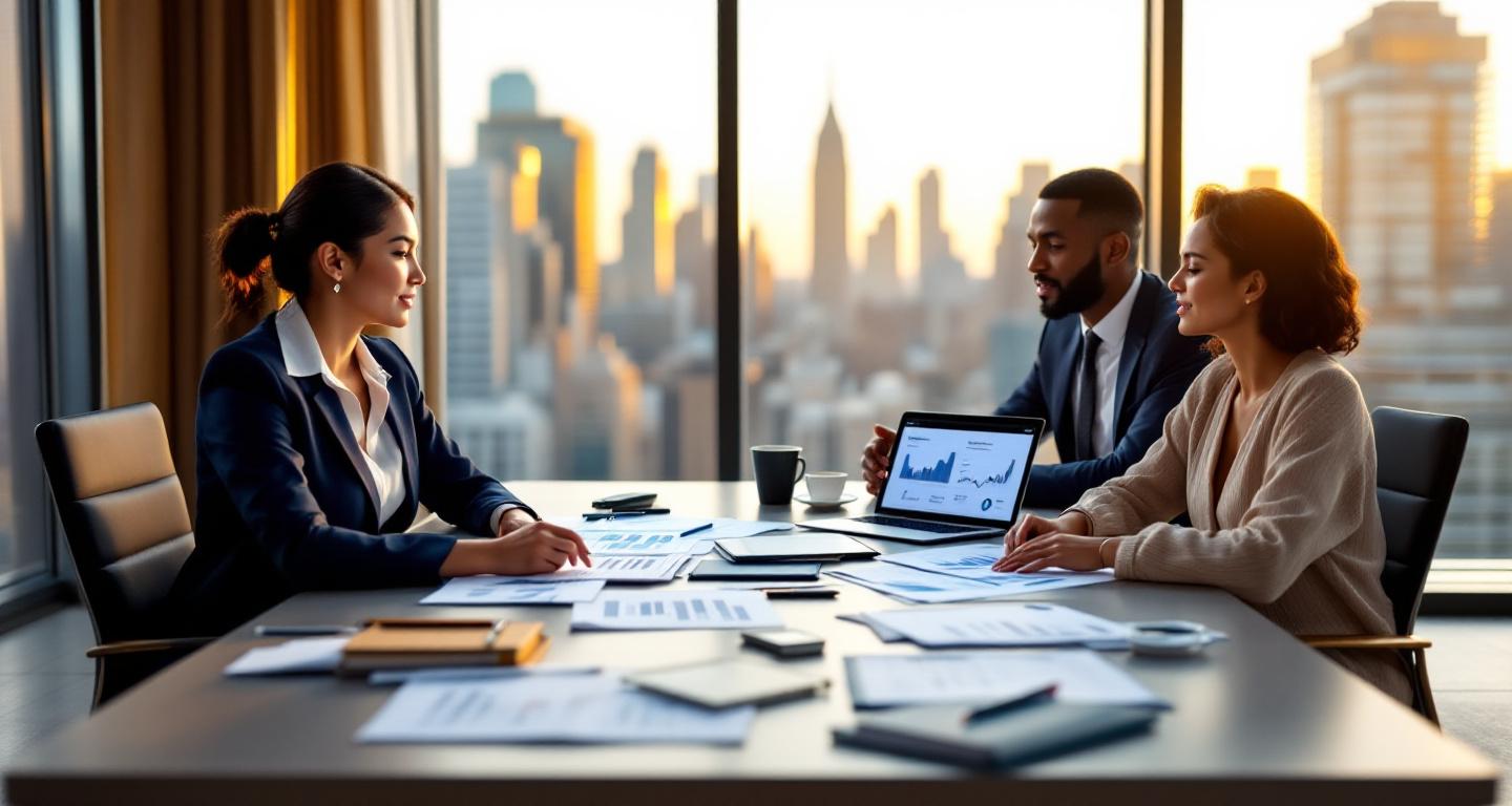 Financial advisor meeting with clients to review financial planning documents and investment strategies