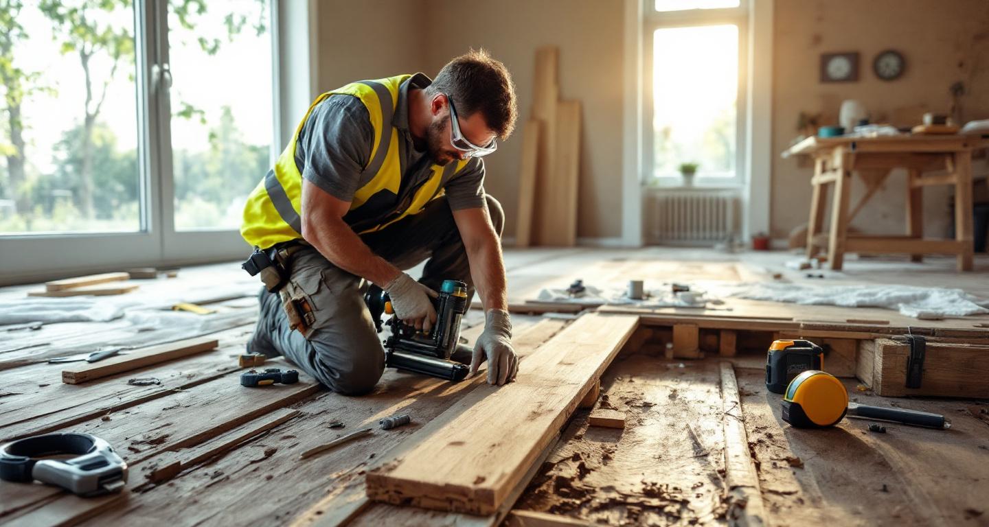 Professional flooring contractor installing hardwood flooring with pneumatic nail gun in residential home