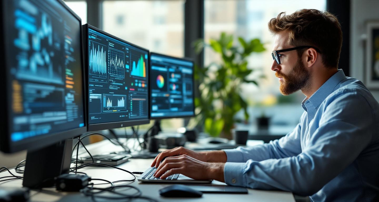 Professional IT technician working on computer diagnostics at modern office workspace